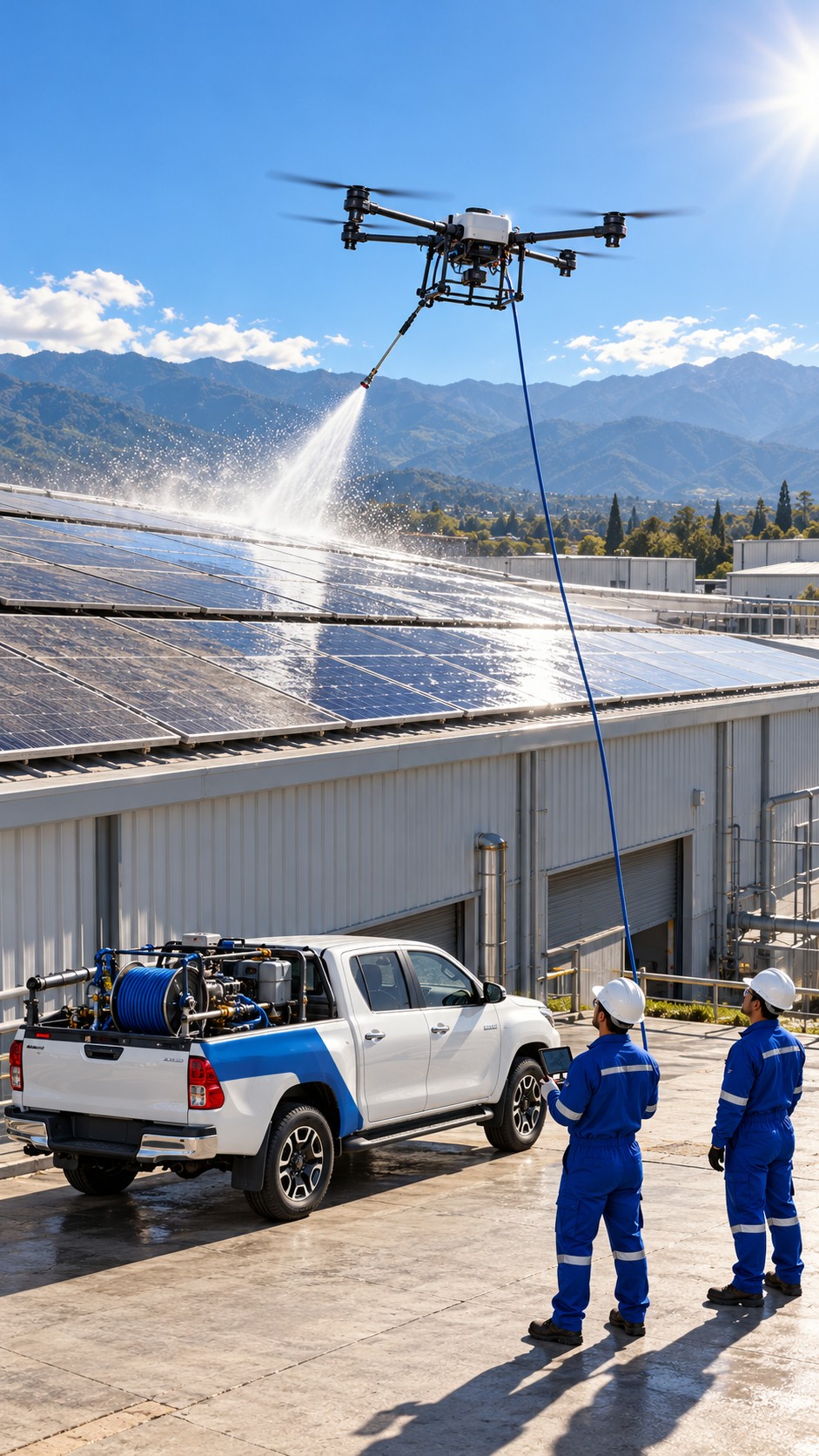 Drone lavando paneles solares sobre el techo de una nave; dos operarios con mameluco azul lo controlan junto a la camioneta