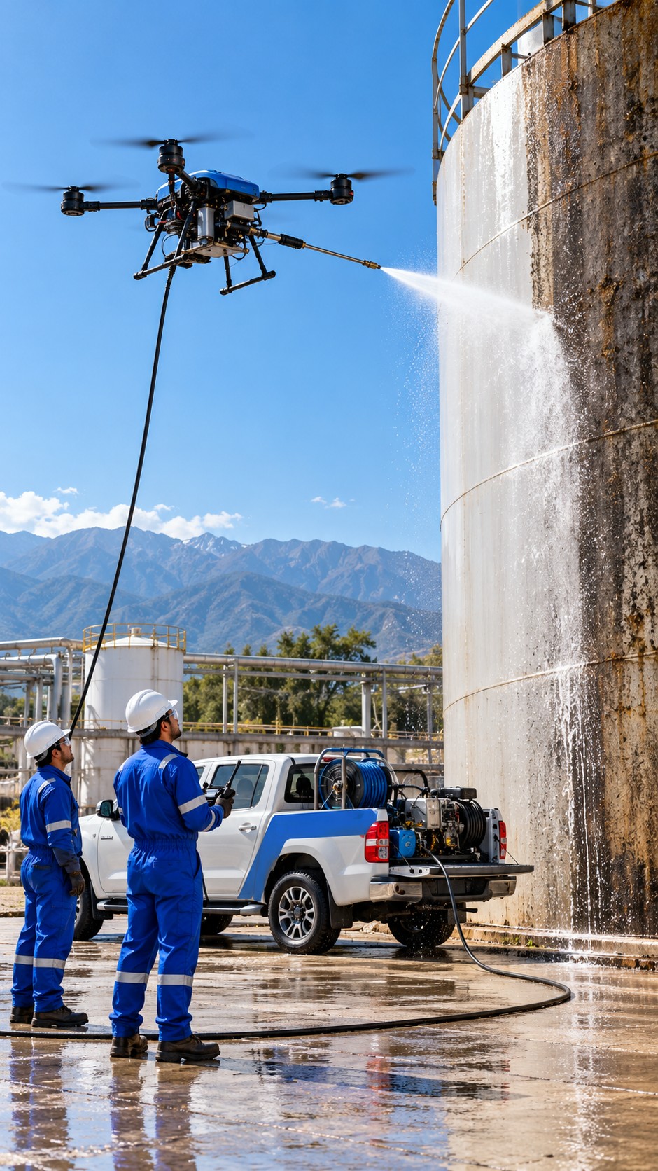 Drone industrial lavando con agua a presión el exterior de un tanque; dos operarios con mameluco azul lo miran junto a la camioneta con hidrolavadora y carretel de manguera