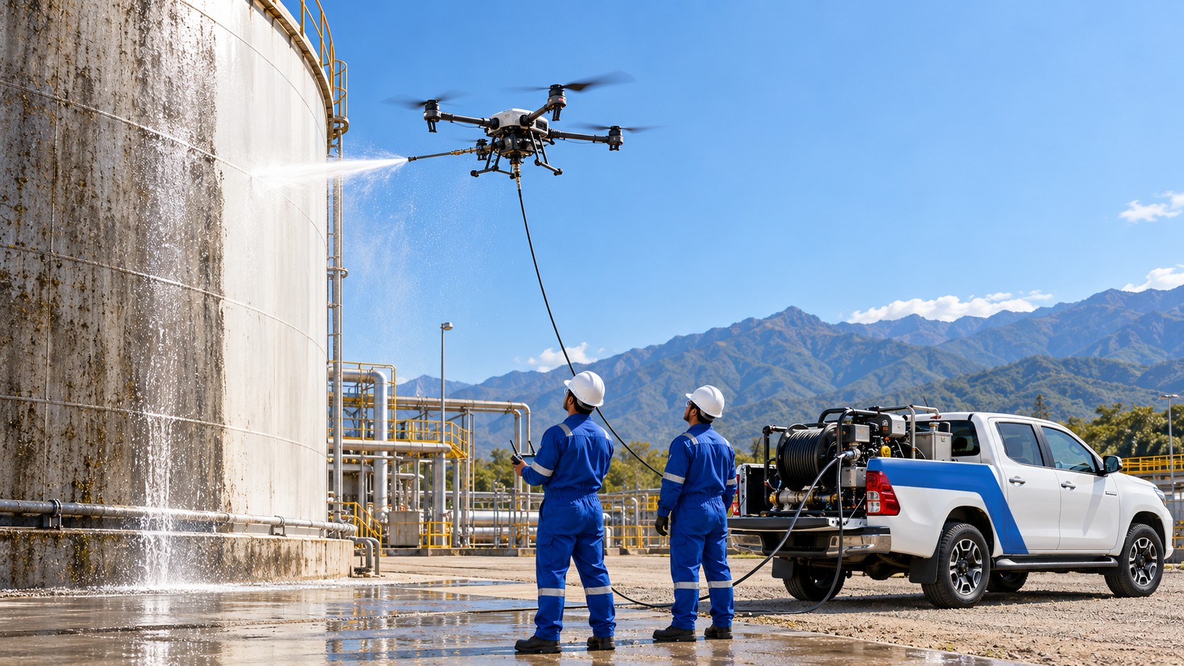 Drone lavando con agua a presión un tanque industrial; dos operarios de SERVIMET lo controlan junto a la camioneta con hidrolavadora
